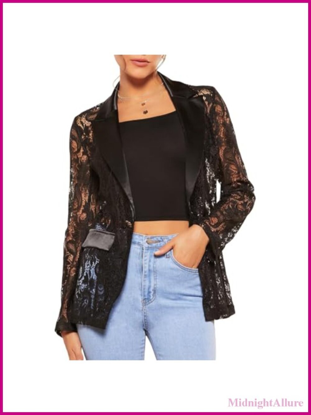 Women's Floral Lace Blazer Single Button Sheer Mesh Jacket